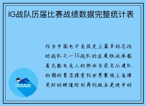 IG战队历届比赛战绩数据完整统计表