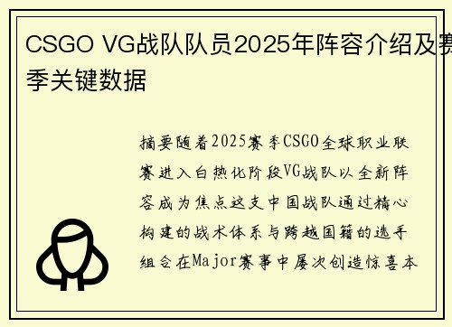 CSGO VG战队队员2025年阵容介绍及赛季关键数据